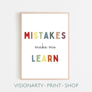 Mistakes Make Me Learn, Printable Art, Playroom Wall Art, Nursery Prints, Homeschool Print, Kids Wall Art, Motivational Signs, Classroom Art
