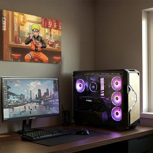 a workspace with a computer setup, including a monitor, keyboard, and mouse, as well as a framed artwork depicting a character from the anime series Naruto.