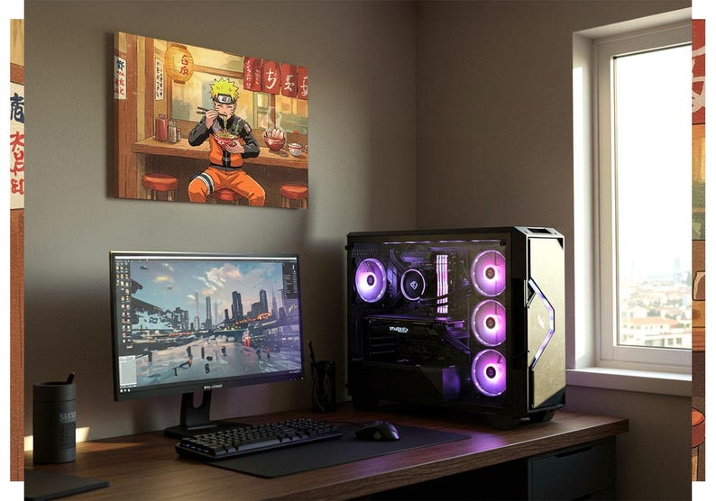 a workspace with a computer setup, including a monitor, keyboard, and mouse, as well as a framed artwork depicting a character from the anime series Naruto.