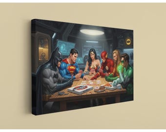 Superhero Poker Night Canvas, Comic Heroes Playing Cards Wall Art - Funny Man Cave Decor, Pop Culture Print for Game Room