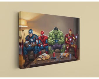 Superhero Game Night Canvas, Comic Heroes Playing Video Games - Funny Man Cave Wall Art, Pop Culture Print for Gamer Room Decor Gift