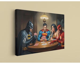Superhero Poker Night Canvas, Classic Comic Heroes Playing Cards Art - Funny Man Cave Decor, Pop Culture Print for Game Room