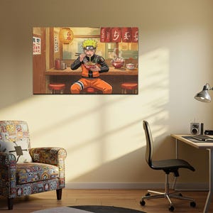 a colorful, patterned armchair in a living room setting, with a desk and computer setup nearby. Above the desk, there is a large painting depicting a character from the anime series Naruto, who is shown eating noodles at a restaurant.