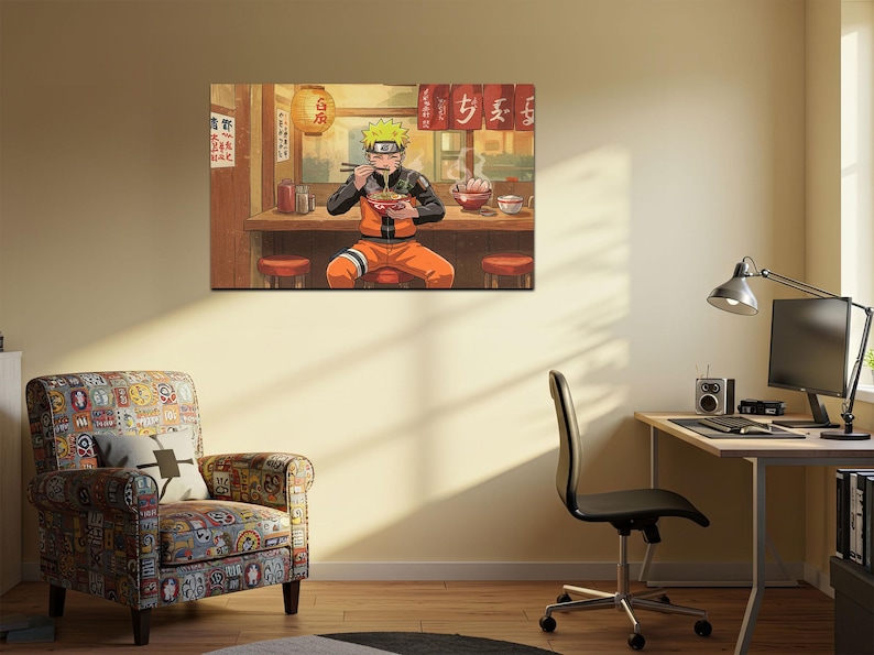 a colorful, patterned armchair in a living room setting, with a desk and computer setup nearby. Above the desk, there is a large painting depicting a character from the anime series Naruto, who is shown eating noodles at a restaurant.