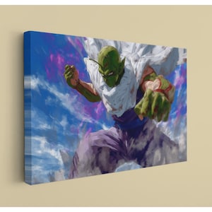 May include: Canvas art print featuring a green-skinned character with a white cape and purple pants, striking a powerful pose. The background is a dynamic blend of blue, purple, and white brushstrokes, creating a sense of movement and energy.