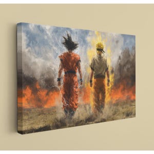 May include: Canvas art print featuring two anime characters walking away from the viewer. One character is in an orange outfit with spiky black hair, and the other is in an orange and white outfit with yellow hair. The background has flames and lightning.