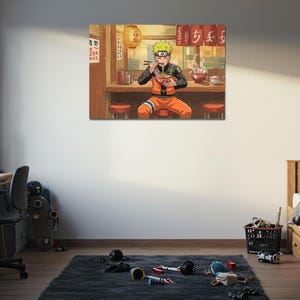 a bedroom with a poster of a character from the anime series Naruto hanging on the wall. The poster depicts the character eating noodles at a table.