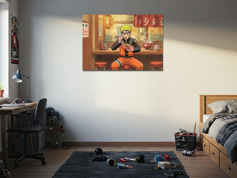 a bedroom with a poster of a character from the anime series Naruto hanging on the wall. The poster depicts the character eating noodles at a table.