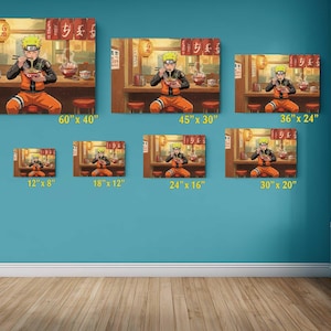 The image is a collage of six images depicting a character eating noodles in various sizes, with each image labeled with the corresponding size in inches.