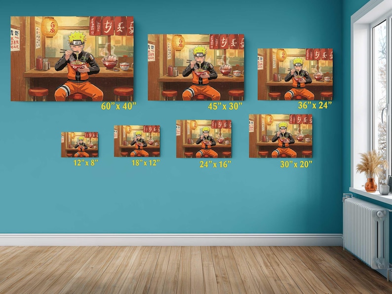 The image is a collage of six images depicting a character eating noodles in various sizes, with each image labeled with the corresponding size in inches.