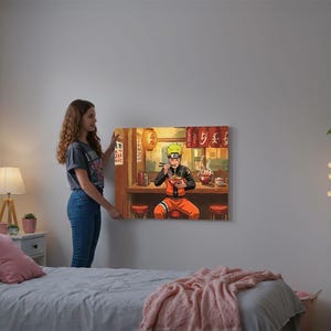 A young woman stands in a bedroom, looking at a large painting of a character from the anime series Naruto. The painting depicts the character in a restaurant setting, surrounded by various objects and decorations.