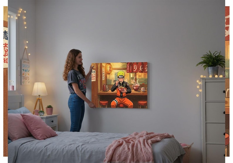 A young woman stands in a bedroom, looking at a large painting of a character from the anime series Naruto. The painting depicts the character in a restaurant setting, surrounded by various objects and decorations.