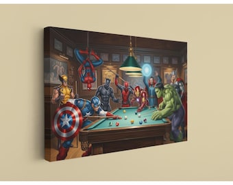 Superhero Billiards Match Canvas, Comic Heroes Game Night Wall Art - Funny Man Cave Decor, Pop Culture Print for Nerdy Gamer Gift for Him