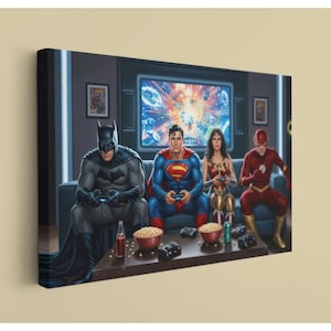 Superhero Game Night Canvas, Comic Heroes Playing Video Games - Funny Man Cave Wall Art, Pop Culture Print for Gamer Room Decor Gift
