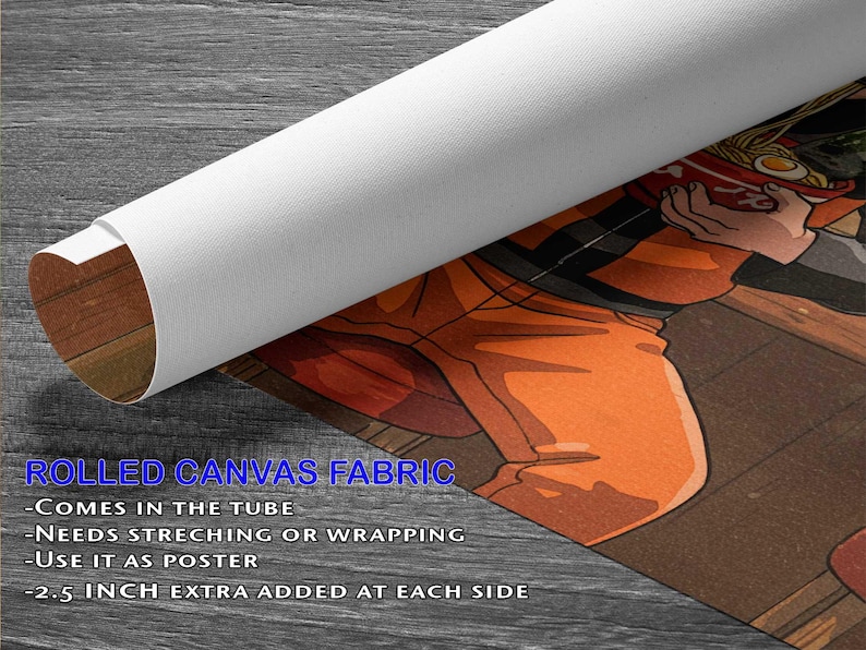 The image is a rolled canvas fabric with an illustration of a character wearing orange pants. The text on the fabric provides information about its use, including that it needs to be stretched or wrapped and can be used as a poster. The fabric is described as being 2.5 inches extra at each side, and it is rolled up.