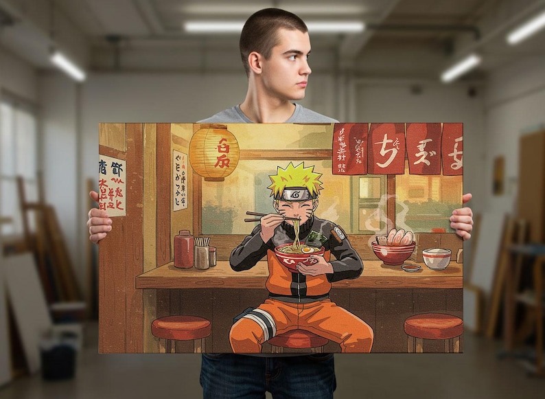 A man is holding up a large poster or painting depicting a character from the anime series Naruto, who is shown eating noodles at a restaurant.