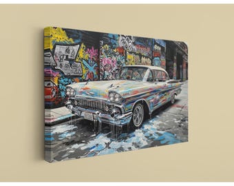 Graffiti Car Canvas, Street Art Classic Auto Wall Art - Pop Art Print of a 1950s American Car, Colorful Urban Decor for Man Cave & Garage