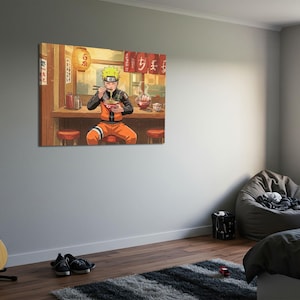 a bedroom with a large painting of a character from the anime series Naruto hanging on the wall. The character is depicted sitting at a table, eating noodles. The room also includes a guitar, a bean bag chair, and a rug on the floor.