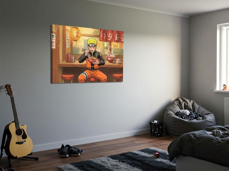 a bedroom with a large painting of a character from the anime series Naruto hanging on the wall. The character is depicted sitting at a table, eating noodles. The room also includes a guitar, a bean bag chair, and a rug on the floor.