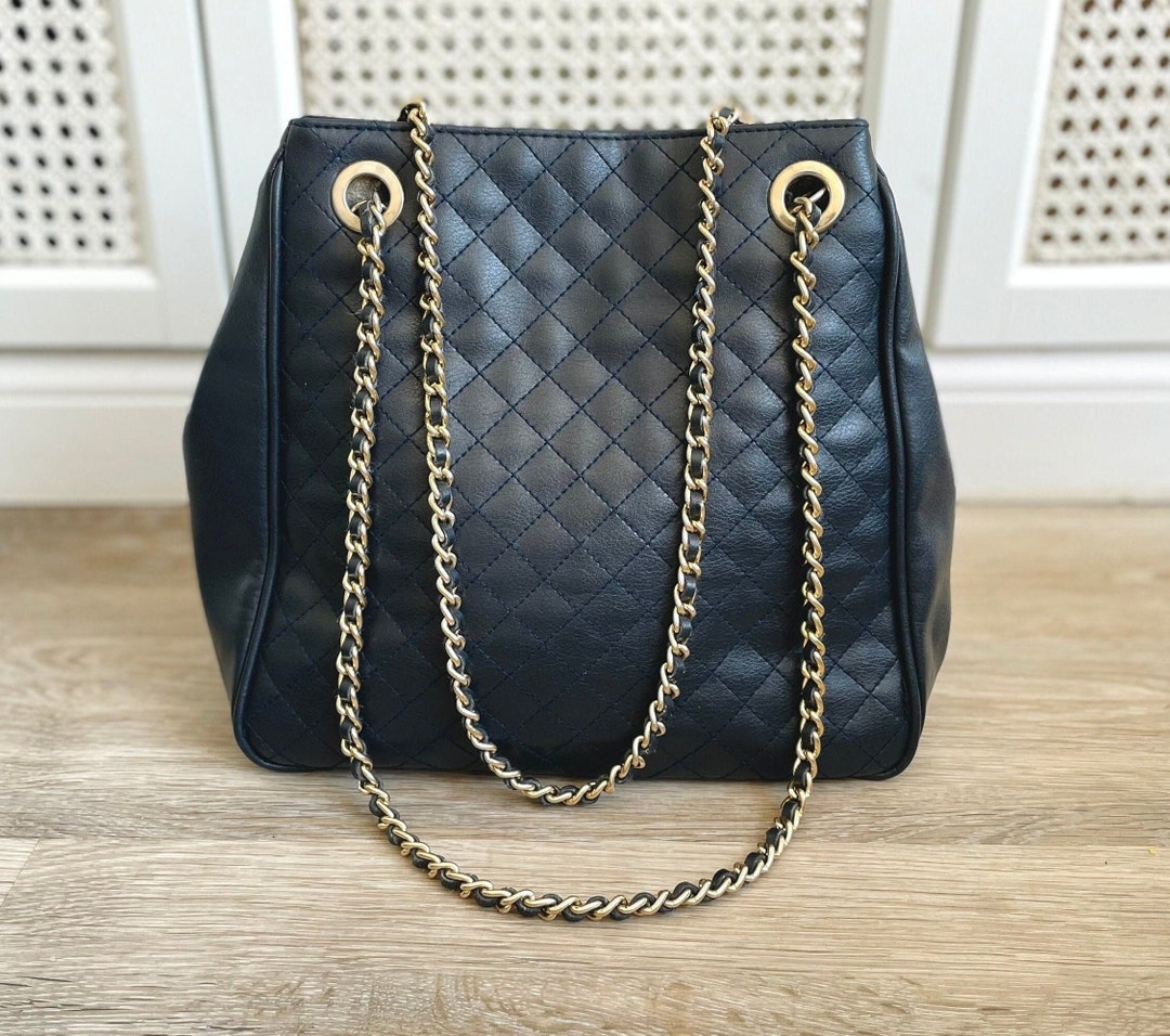 Vintage Classics Debenhams Navy Blue Quilted Leather Bag With Leather ...