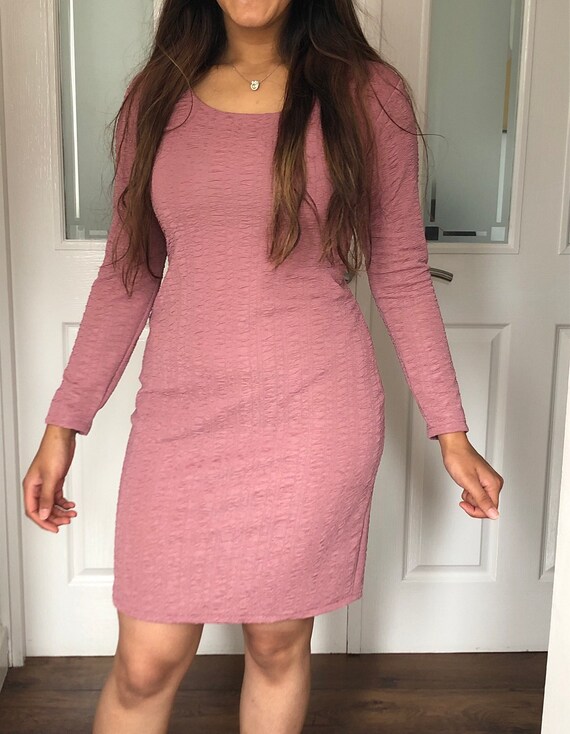 Pretty Blush Pink Crew Neck Body-con Dress, Shirred Stretchy Fabric, Casual,party,  Night Out Dress Size 8-10 Small - Etsy UK