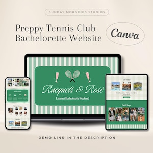 Op de afbeelding: Een digitale mockup van een website-ontwerp voor een vrijgezellenfeest. Het ontwerp heeft een groen-witte gestreepte achtergrond met de tekst "Preppy Tennis Club Bachelorette Website". De website wordt weergegeven op een laptop, tablet en telefoon, met de woorden "Racquets & Rosé".
