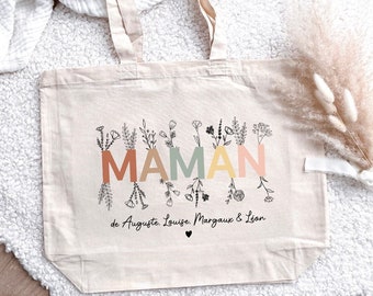 Grand tote bag  Maman couleur pastel et fleurs personnalisable /cadeau fête des mères