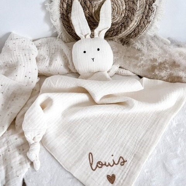 Doudou lapin gaze de coton à personnaliser