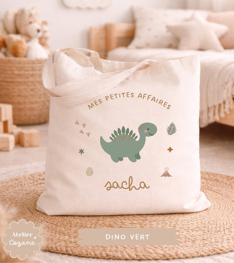 Personalized tote bag/child's name bag/small child's bag/library bag/gym bag/nursery or nanny bag/nap bag Dino vert