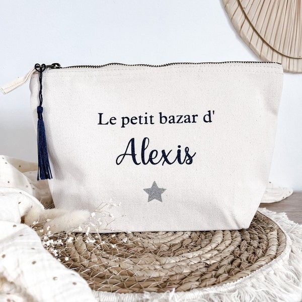 Pochette , trousse de toilette personnalisée (maquillage) "le petit bazar de" en coton