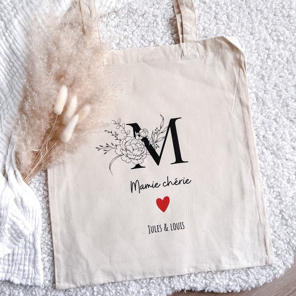 Tote bag Mamie personnalisé, sac personnalisé grand mère cœur rouge(fête des grands-mères)