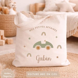 Personalized tote bag/child's name bag/small child's bag/library bag/gym bag/nursery or nanny bag/nap bag Voiture arc en ciel
