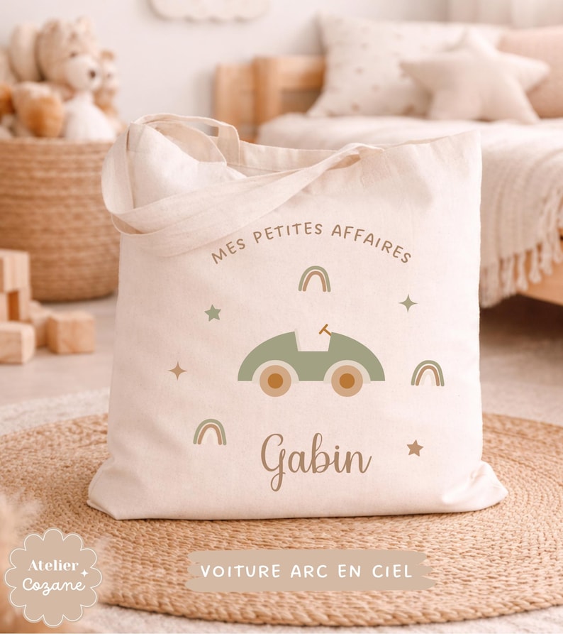 Personalized tote bag/child's name bag/small child's bag/library bag/gym bag/nursery or nanny bag/nap bag Voiture arc en ciel