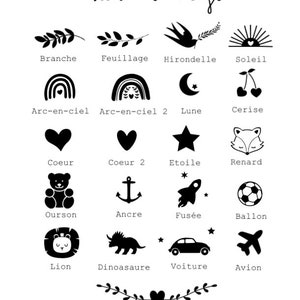 May include: A white graphic with a selection of black illustrations. The illustrations include a branch, leaves, a swallow, a sun, a rainbow, a moon, cherries, a heart, a star, a fox, a teddy bear, an anchor, a rocket, a soccer ball, a lion, a dinosaur, a car, and an airplane.