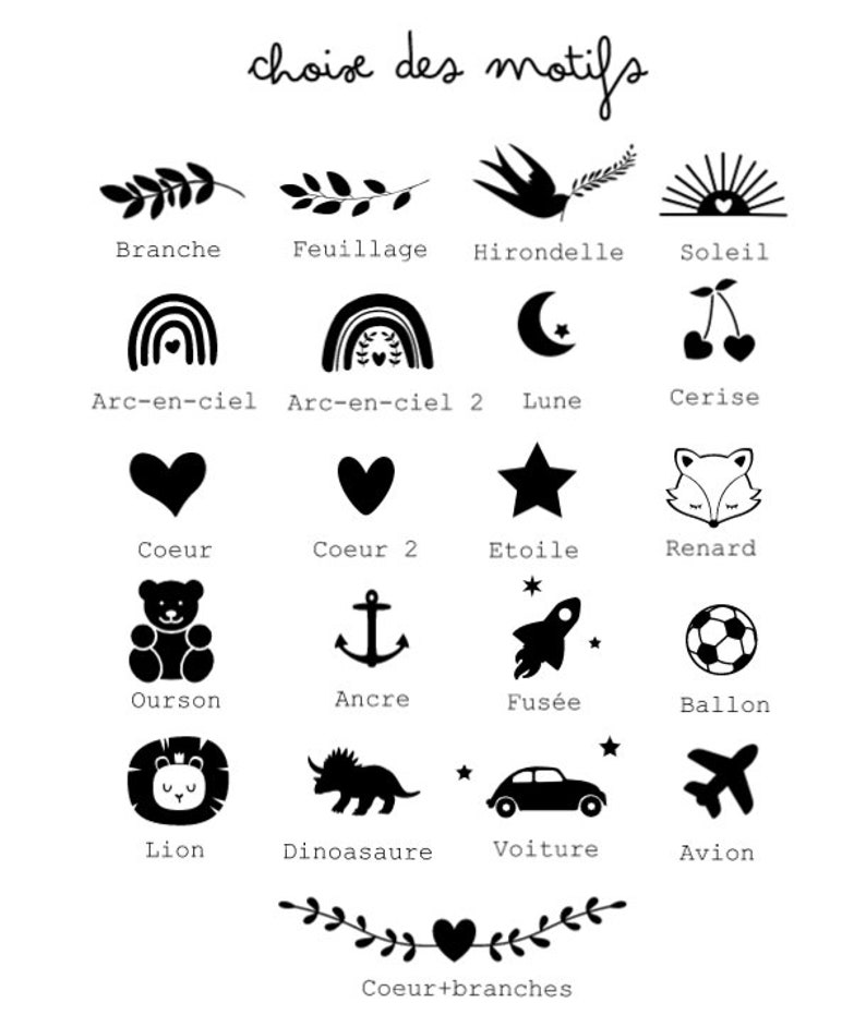 May include: A white graphic with a selection of black illustrations. The illustrations include a branch, leaves, a swallow, a sun, a rainbow, a moon, cherries, a heart, a star, a fox, a teddy bear, an anchor, a rocket, a soccer ball, a lion, a dinosaur, a car, and an airplane.
