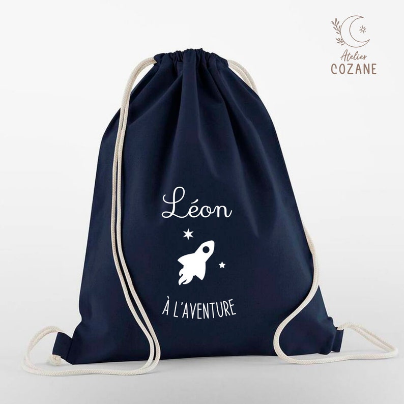 Sac coton bio personnalisé à motif Lion/Fusée/Danse/Gymnastique/Sac de gym/ Sac de sport Couleur Terracotta, vert sauge, bleu marine,écru Bleu marine