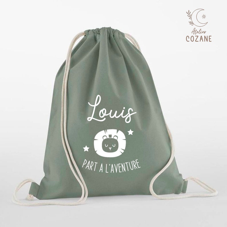 Sac coton bio personnalisé à motif Lion/Fusée/Danse/Gymnastique/Sac de gym/ Sac de sport Couleur Terracotta, vert sauge, bleu marine,écru Vert sauge