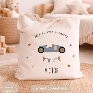 Personalized tote bag/child's name bag/small child's bag/library bag/gym bag/nursery or nanny bag/nap bag Voiture course bleu