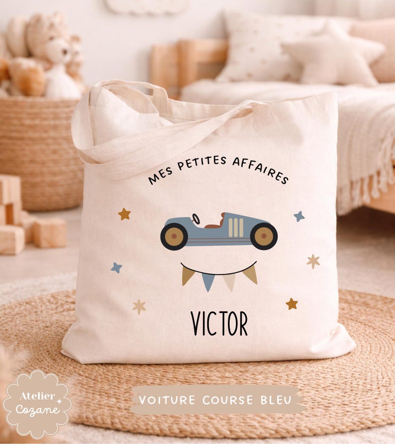 Personalized tote bag/child's name bag/small child's bag/library bag/gym bag/nursery or nanny bag/nap bag Voiture course bleu