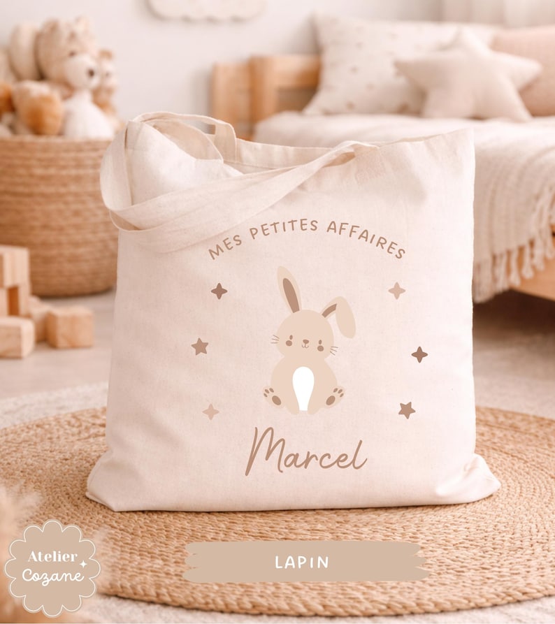 Personalized tote bag/child's name bag/small child's bag/library bag/gym bag/nursery or nanny bag/nap bag Lapin