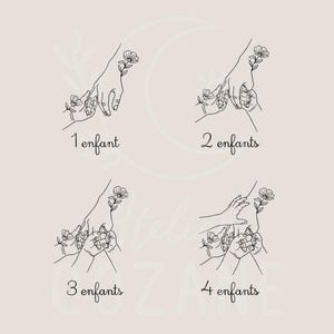 Puede incluir: Una ilustraci&oacute;n de l&iacute;nea de manos que se toman de la mano, con una flor en cada mano. La ilustraci&oacute;n muestra la progresi&oacute;n de manos que se toman de la mano de una a cuatro manos. El texto debajo de cada ilustraci&oacute;n dice "1 enfant", "2 enfants", "3 enfants" y "4 enfants".