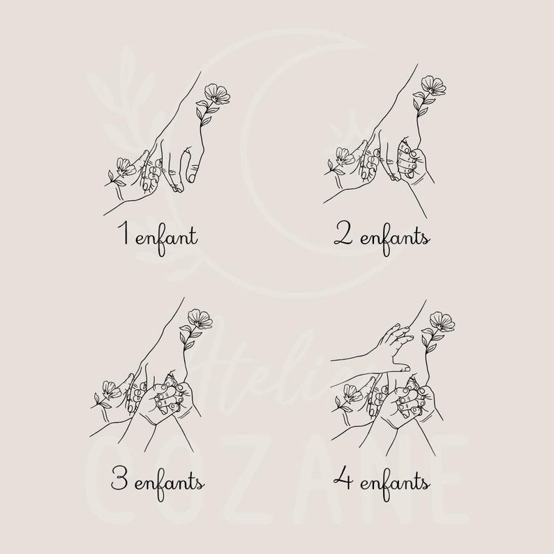 Puede incluir: Una ilustraci&oacute;n de l&iacute;nea de manos que se toman de la mano, con una flor en cada mano. La ilustraci&oacute;n muestra la progresi&oacute;n de manos que se toman de la mano de una a cuatro manos. El texto debajo de cada ilustraci&oacute;n dice "1 enfant", "2 enfants", "3 enfants" y "4 enfants".