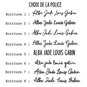 May include: A white background displays text in French, "CHOIX DE LA POLICE," and eight font samples of the name "Alba Jade Louis Gabin." The fonts vary in style, from cursive to bold sans-serif.