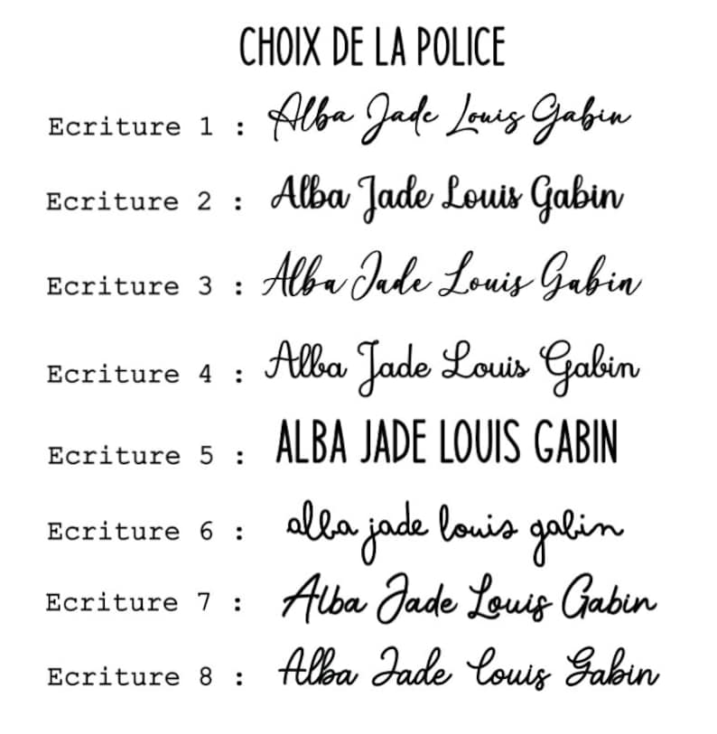 May include: A white background displays text in French, "CHOIX DE LA POLICE," and eight font samples of the name "Alba Jade Louis Gabin." The fonts vary in style, from cursive to bold sans-serif.