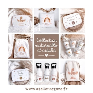 May include: A collection of personalized children's items including white lunch boxes, a pillow, drawstring bags, plastic cups, and water bottles. Each item features earthy-toned illustrations of rainbows, deer, bears, and names in cursive script.
