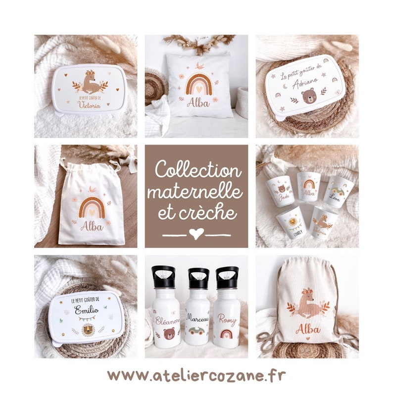 May include: A collection of personalized children's items including white lunch boxes, a pillow, drawstring bags, plastic cups, and water bottles. Each item features earthy-toned illustrations of rainbows, deer, bears, and names in cursive script.