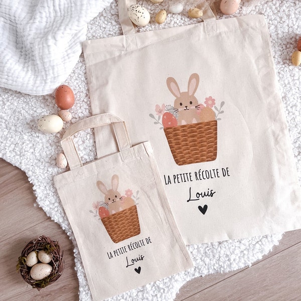 Tote bag Pâques personnalisé en coton/ Mini tote bag Pâques prénom/ sac récolte chocolat Pâques