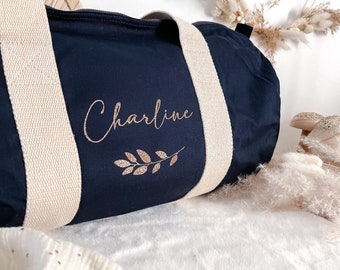 Personalized 100% organic cotton navy blue duffel bag