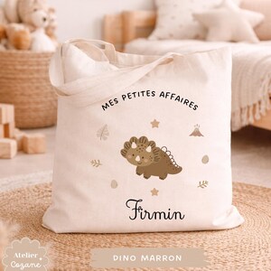Personalized tote bag/child's name bag/small child's bag/library bag/gym bag/nursery or nanny bag/nap bag Dino marron