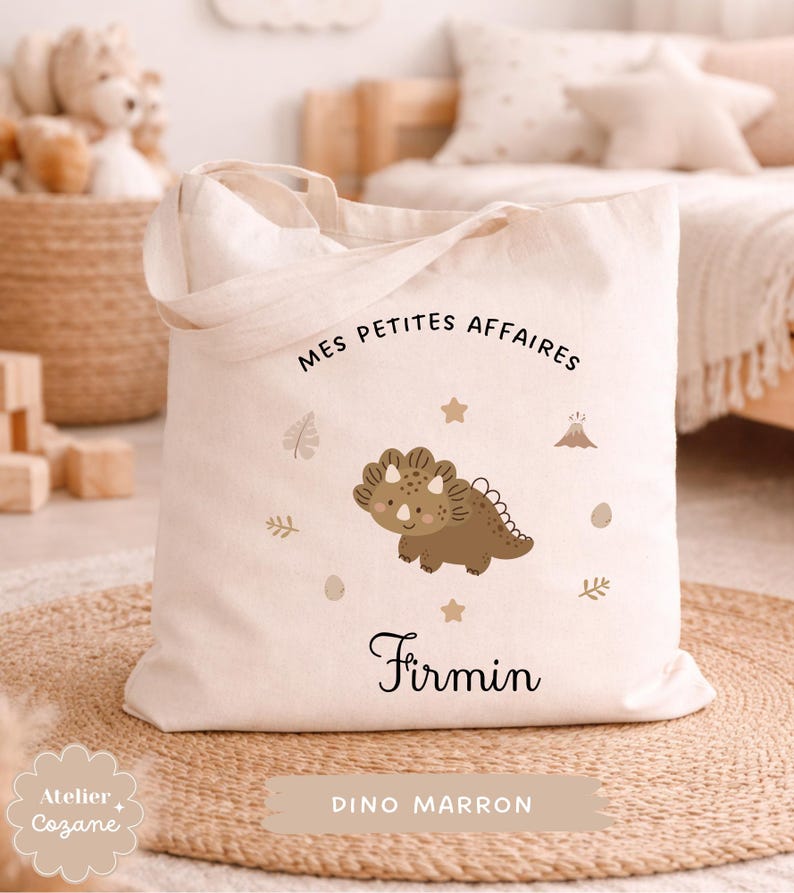 Personalized tote bag/child's name bag/small child's bag/library bag/gym bag/nursery or nanny bag/nap bag Dino marron